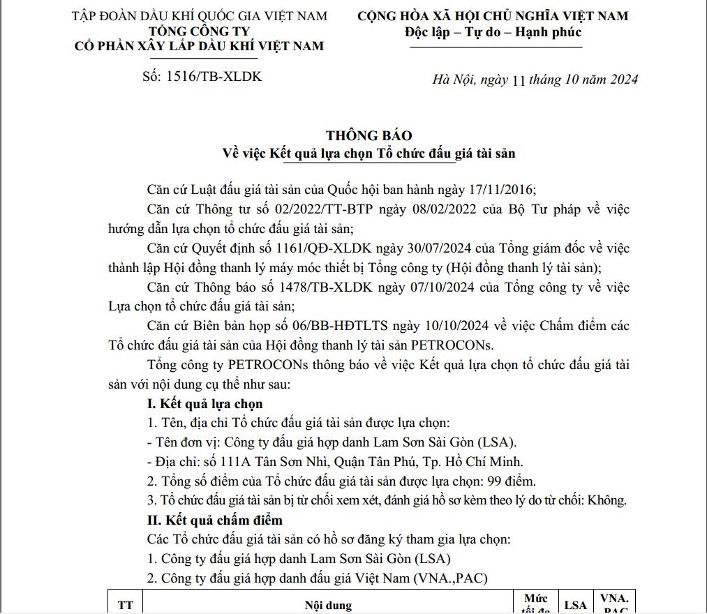 Tổng công ty Thông báo về việc kết quả lựa chọn tổ chức đấu giá tài sản